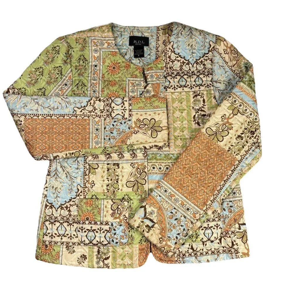 Boho Quilted Patchwork Jacket Womens Small Zip Front Tapestry‎ Cottagecore Y2K